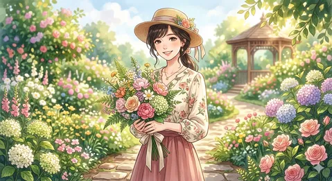 花園の散歩道と優しい笑顔