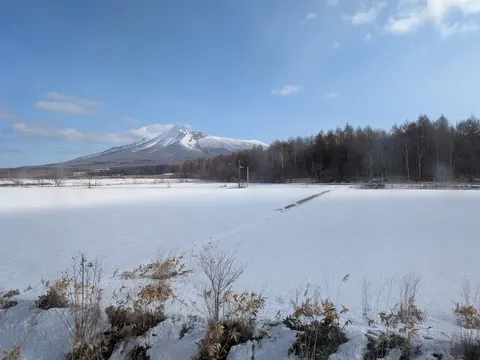 雪原に佇む冬の山景色