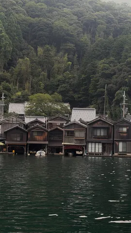 水辺の木造家屋と森の影