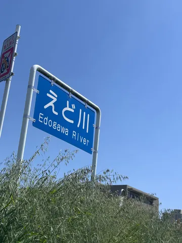 夏空と河川標識、風にそよぐ草