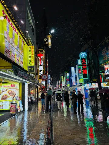 雨夜に灯るネオンと人影