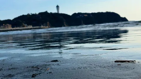 静かな水面と遠い塔影