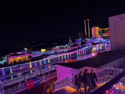 光に包まれる夜の遊園地