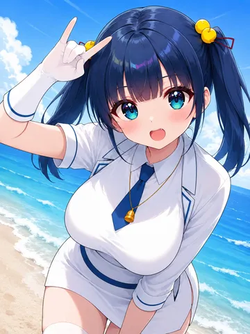 夏空の下、元気いっぱいのポーズ