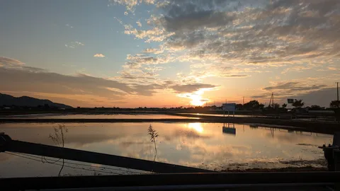 夕暮れの水鏡に映る光