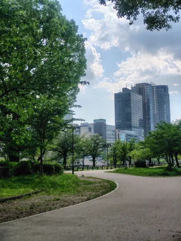 都会の公園、曲がり道