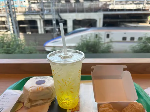 新幹線を眺めながら、マックで一息