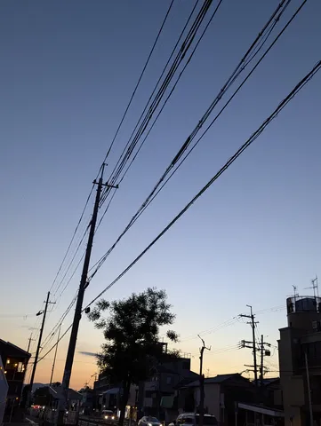 電線と夕暮れの街並み