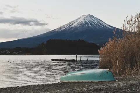 湖畔の片隅、雪化粧の富士
