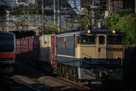 力強い貨物列車の走る風景