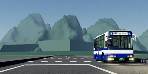 青いバスと広がる景色