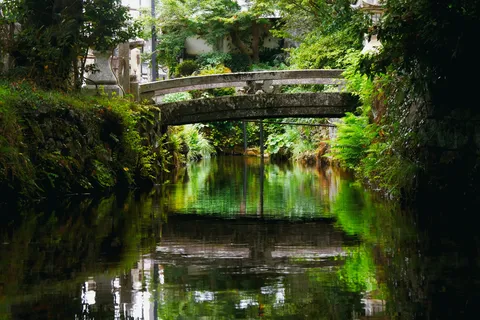 緑の水路と石橋の静けさ