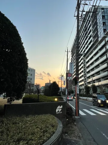 夕暮れ時の街並みとネオンサイン