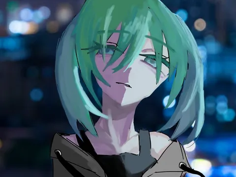 夜景に染まる、透明感あふれる緑髪の少女