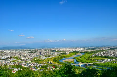 青空と街並み、流れる川の広がり