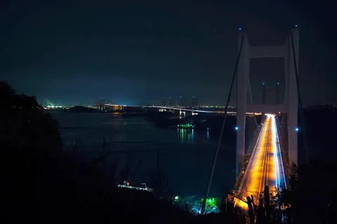 夜景の橋に走る光の道