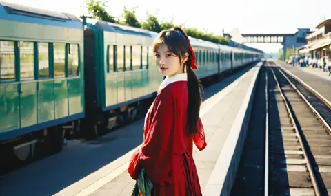駅の光に染まる紅衣の佇まい