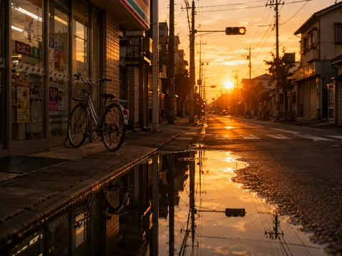 夕暮れ時の水たまりと自転車