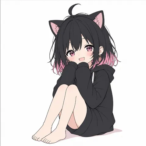 黒髪ツインテ猫耳少女、膝抱えポーズ