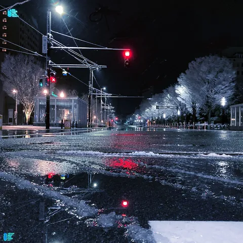 雪降る夜、信号と水たまりのコントラスト