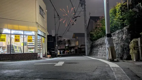 路地の夜空に咲く花火
