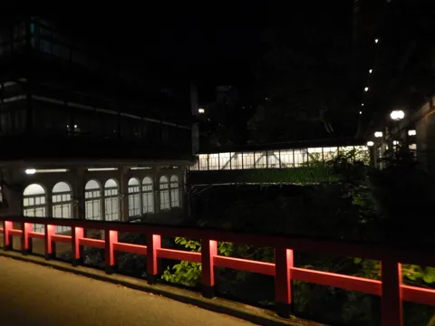 夜の情景、朱色の手すりが映える