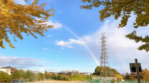 虹と鉄塔、秋色のコントラスト