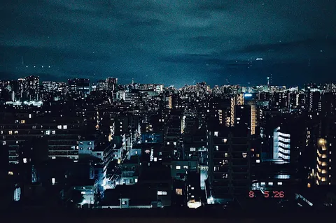 瞬く光の街、静寂の夜空