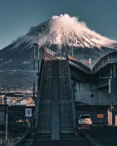 階段の先にそびえる雪山