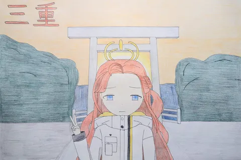 鳥居の前でピースサイン