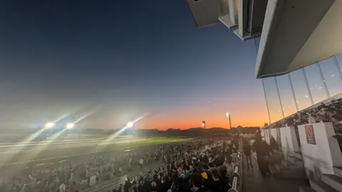 競馬場の黄昏、光と影のコントラスト