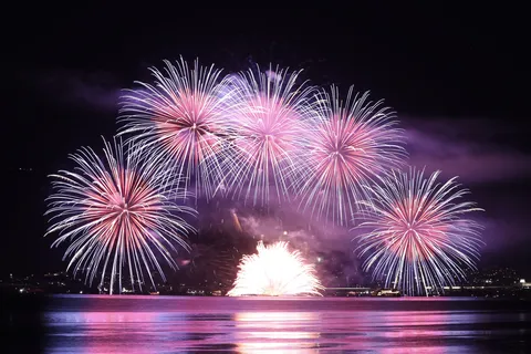 水面に映える夜空の花火