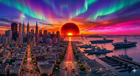 虹色に輝くSF都市と巨大な太陽
