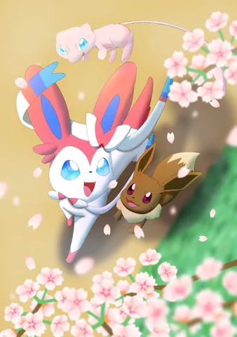 桜とポケモン、春の空中散歩