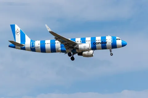 青と白の縞飛行機の瞬間