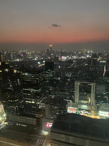夕暮れの高層都市の灯り