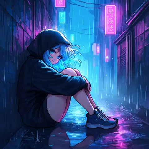 夜の雨と青髪の静かな視線