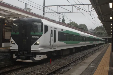 雨模様の駅に佇むE257系