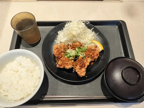 白黒で映える揚げ物定食