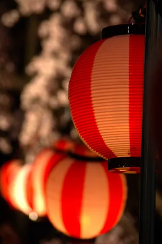 夜に浮かぶ幻想的な提灯の灯り
