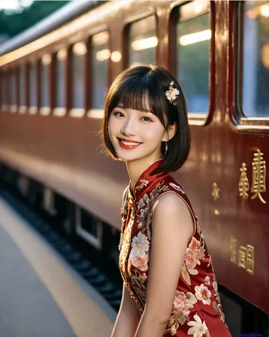 列車を背景に輝く笑顔