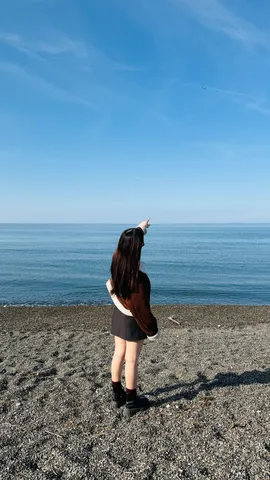 海辺から指差す空と飛行機