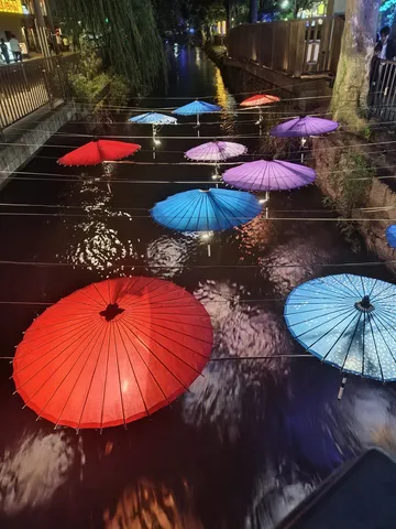 夜の水面にカラフル傘集会