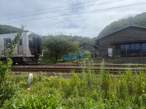 田舎の駅と電車、夏の午後