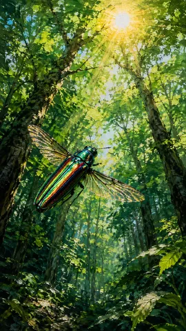 森の主役は、きらめく虹色甲虫