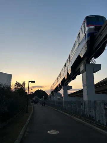夕暮れモノレールと道
