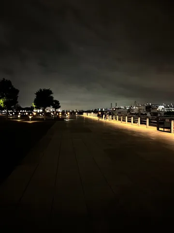 夜の遊歩道、灯りと船のシルエット