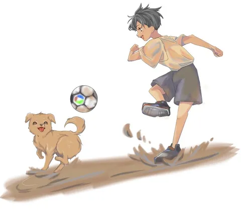 駆ける少年と愛犬、夢中なひととき