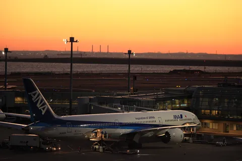 夕焼けとANA、出発前の大物感