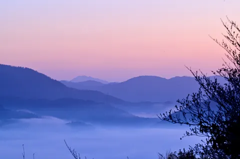静かな朝の山影と霧